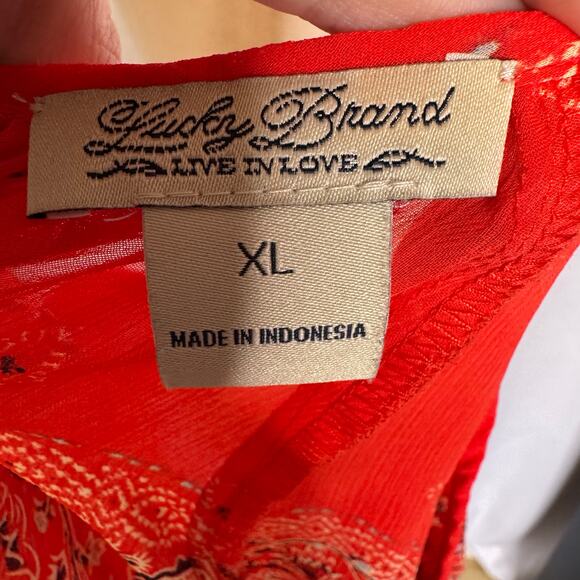 Lucky Brand Red Floral Boho Peasant Top XL Long Sleeve Tie Neck Blouse - Picture 4 of 6